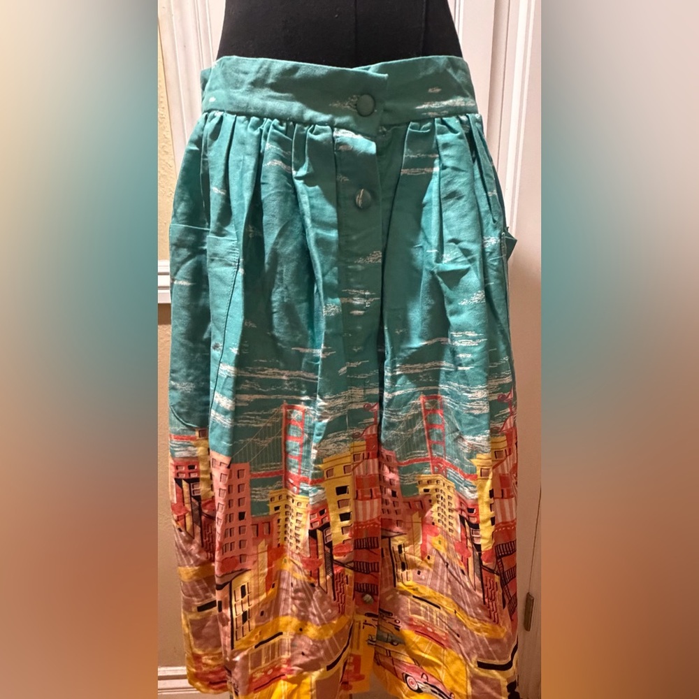 Lindy Bop Teal and Multicolor Cityscape A-Line Skirt